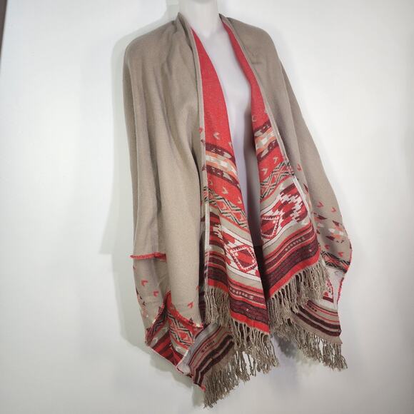 American Eagle Poncho Sweater One Size Aztec Western Open Front Fringe Kimono - Picture 4 of 13